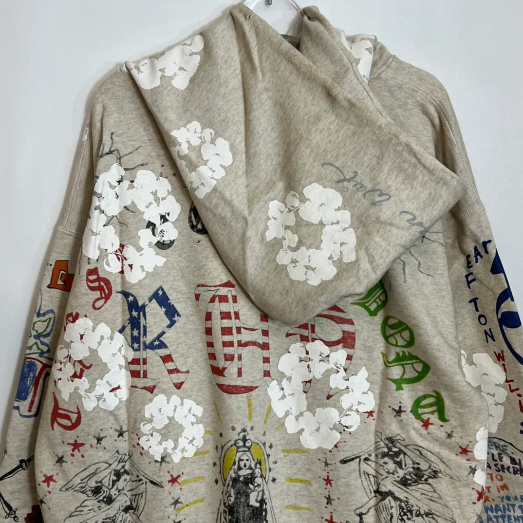 DENIM TEARS × ©SAINT M×××××× "SAINT TEARS" Graffiti Hoodie Joint Model Cotton Graffiti Hoodie Fully Printed Washed Distressed Holes Vintage Sweatshirt Gray S-XL Super Heavy Duty! The whole piece is printed with 35 screens and counterpoint printing!